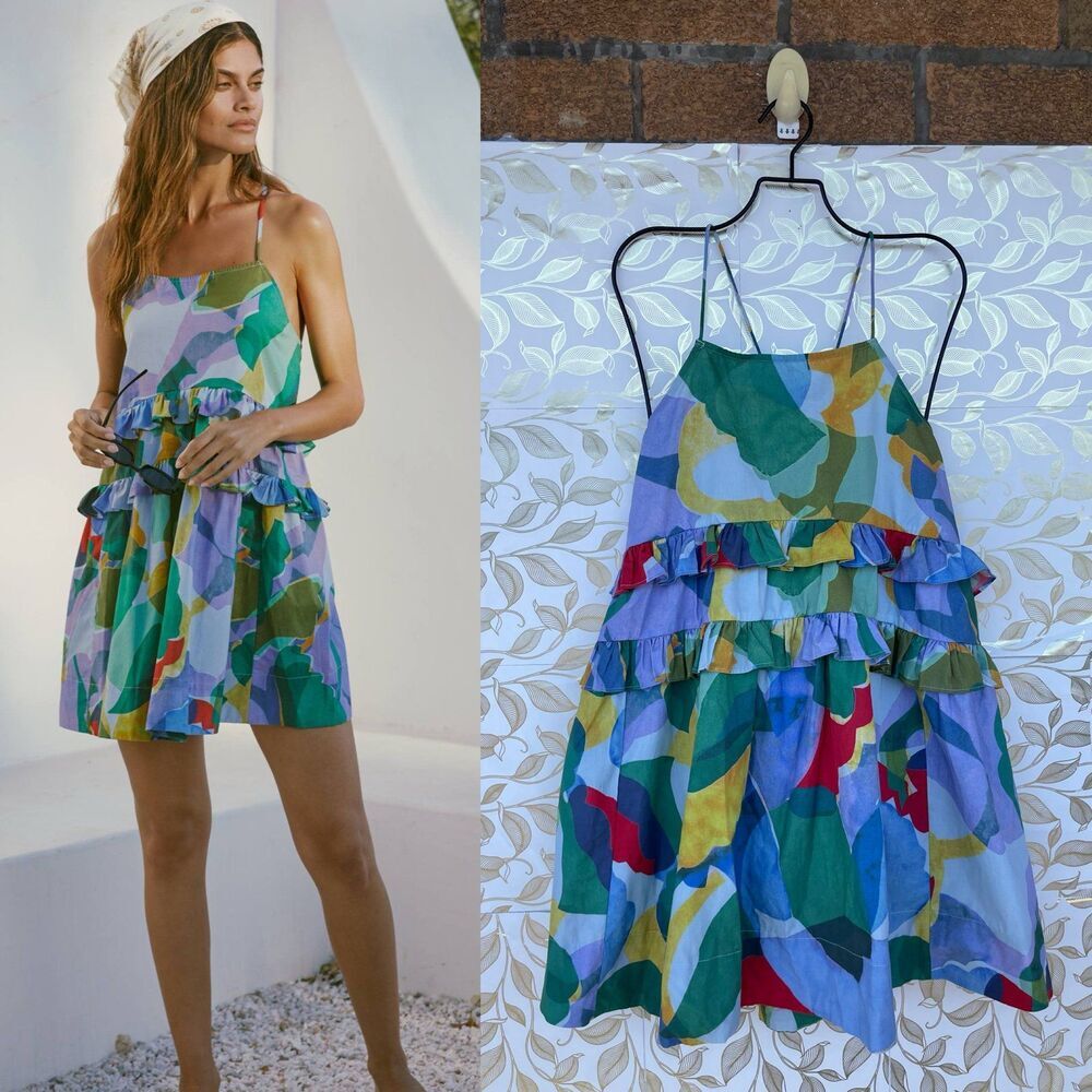NWT Anthropologie Abstract Ruffle Mini Dress Turquoise Multi Artcore Boho XS
